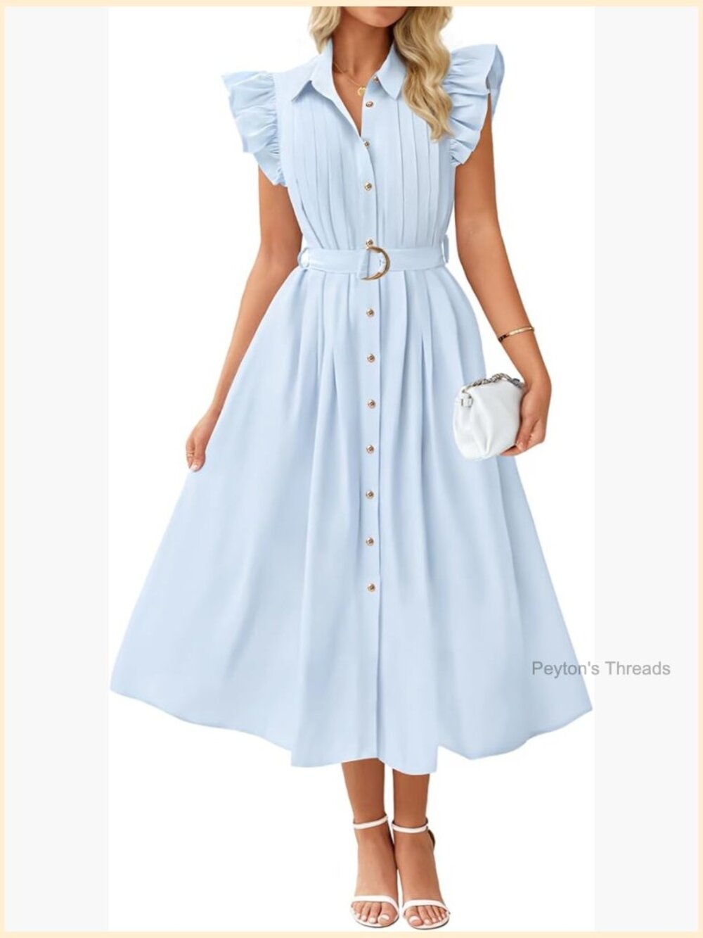 Flutter Short Sleeve Button Midi Dress With Pockets Belted A-Line